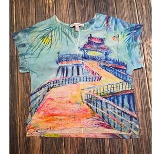 Leoma Lovegrove Top Womens L Blue Pier Gazebo Art Print Tropical Short Sleeve